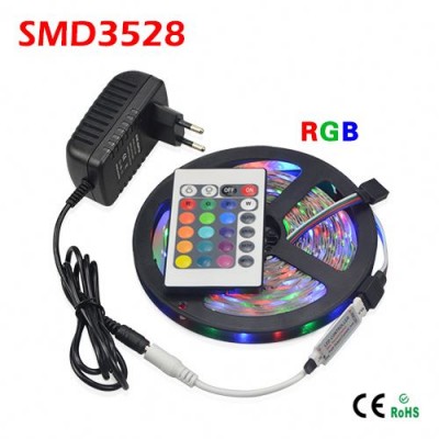 5M SMD 3528 RGB Flexible LED Strip light 60LEDs / M + 24Key IR Remote Controller + DC 12V 3A Power Adapter EU / US Plug