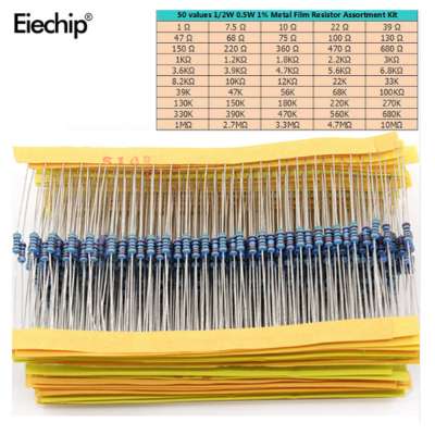 500pcs/lot 50 values 1/4W 0.25W 1% Metal Film Resistor color ring resistor Kit 1R-10mR 1ohm-10Mohm resistor samples kit